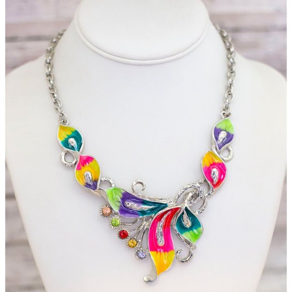 18 inch, Vintage Rainbow Leaves Silver Tone Bib Necklace - BT1 - Picture 2 of 3